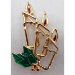 Brooch Three Candles of Gold Tone Metal w Enameled Holly, Berries & Flame 2 1/2"